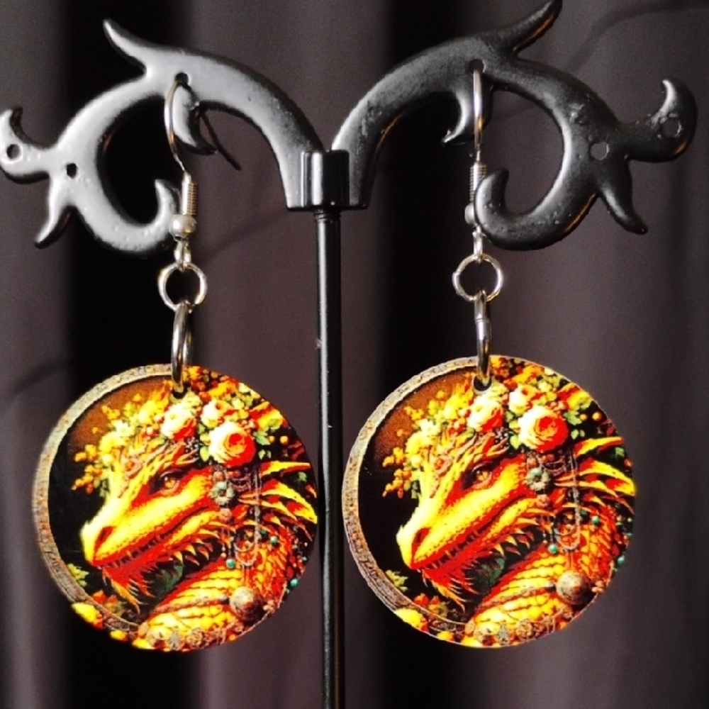 Yellow Dragon Floral Design Earrings